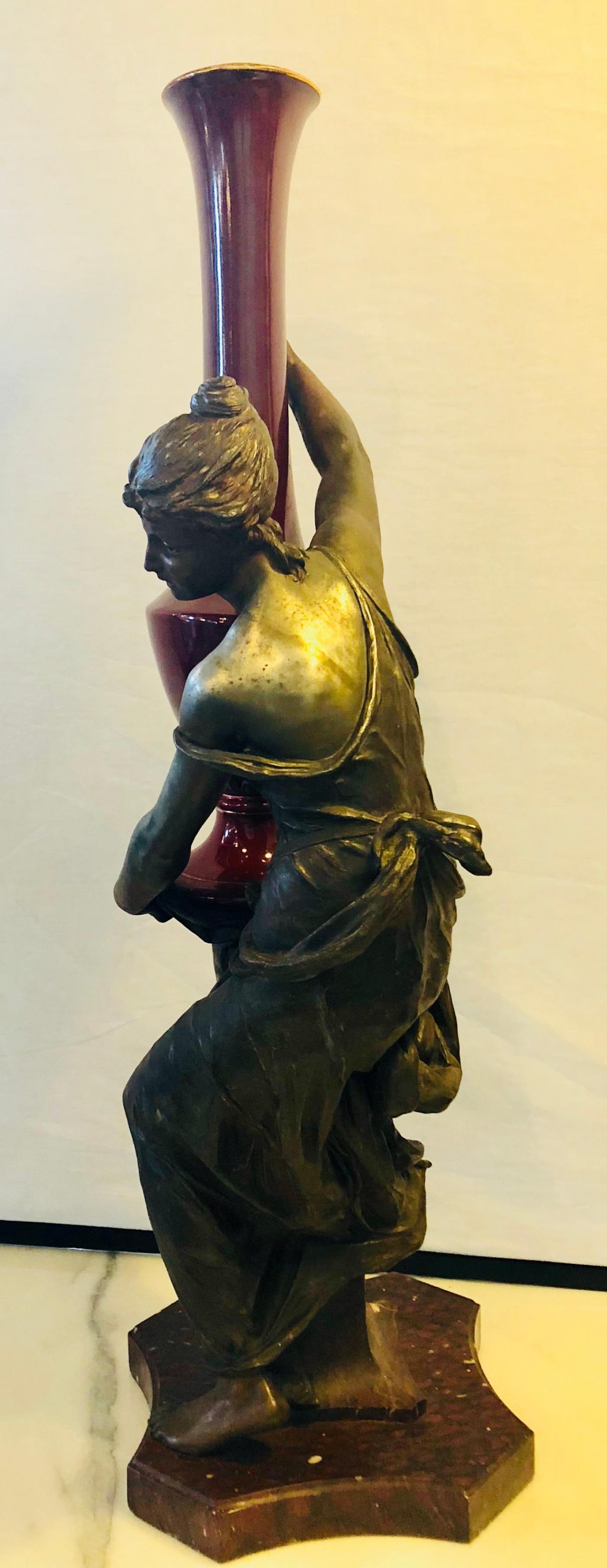 Spelter Figure of a Water Bearer on a Pedestal / Marble with Red Glazed Vase - 3