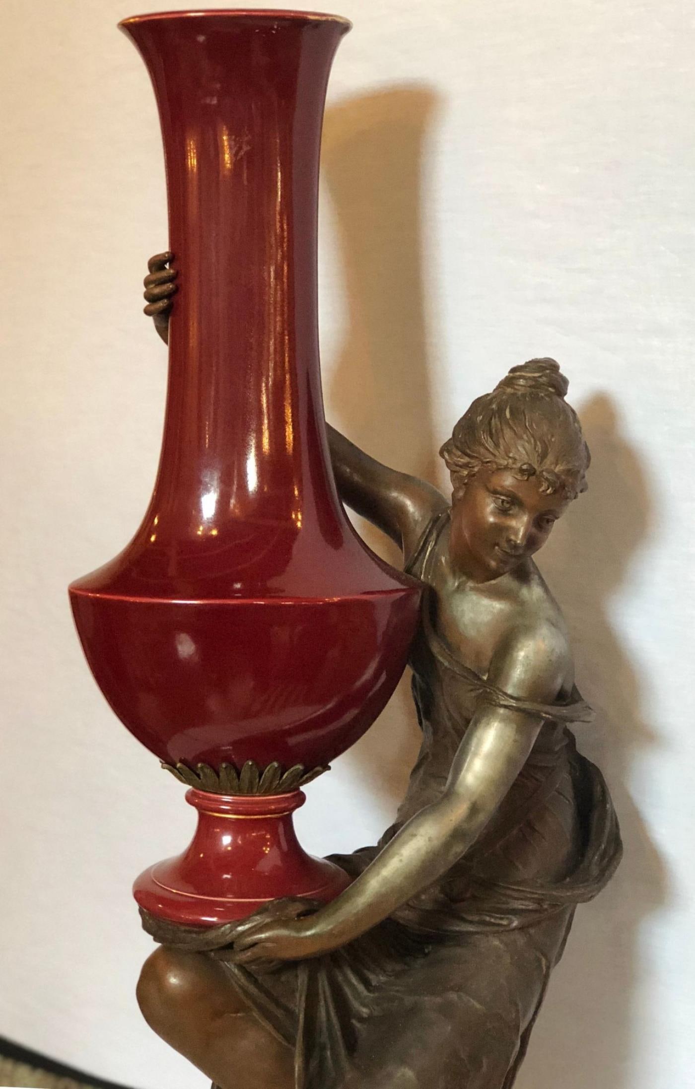 Spelter Figure of a Water Bearer on a Pedestal / Marble with Red Glazed Vase - 5