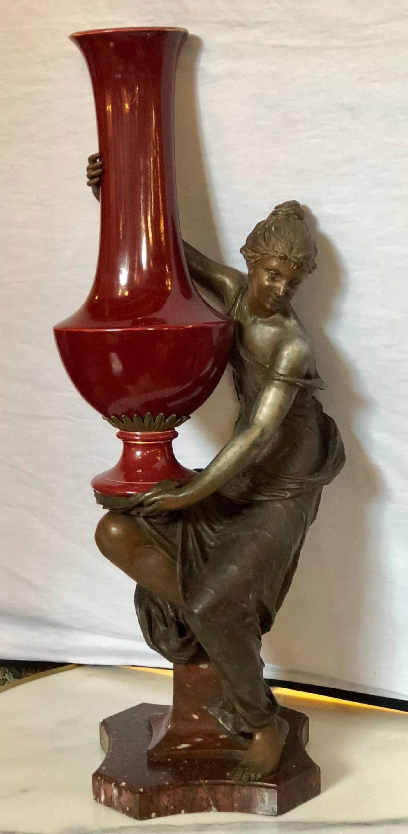 Spelter Figure of a Water Bearer on a Pedestal / Marble with Red Glazed Vase - 6
