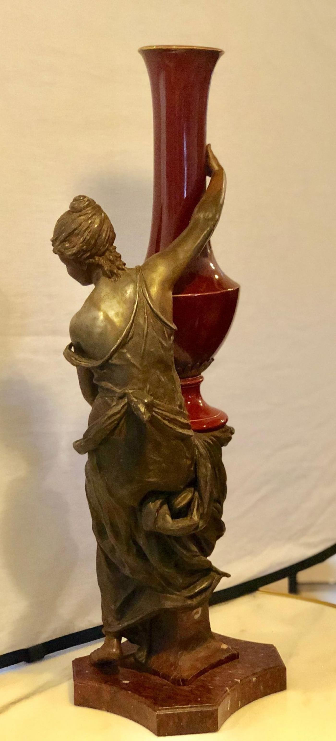 Spelter Figure of a Water Bearer on a Pedestal / Marble with Red Glazed Vase - 7