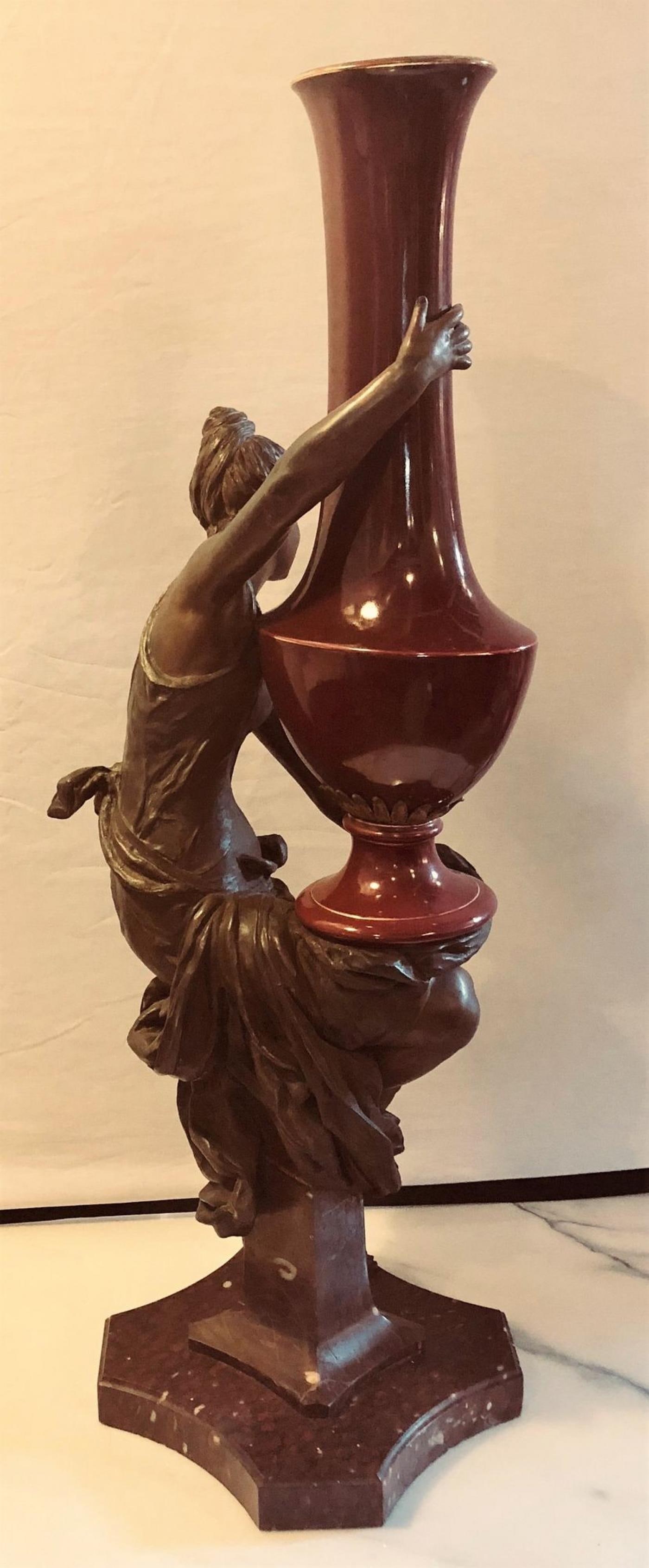 Spelter Figure of a Water Bearer on a Pedestal / Marble with Red Glazed Vase - 9
