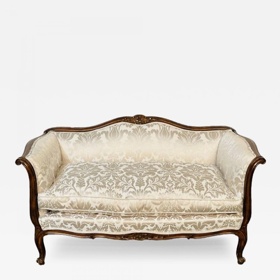Small Louis XV Mahogany Carved Settee / Sofa, Floral Silk Upholstery (1 of 12)