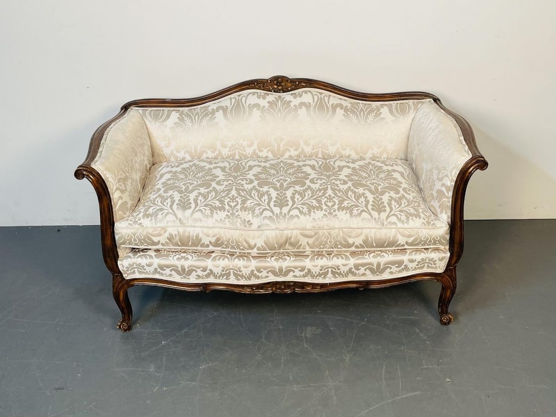 Small Louis XV Mahogany Carved Settee / Sofa, Floral Silk Upholstery - 4