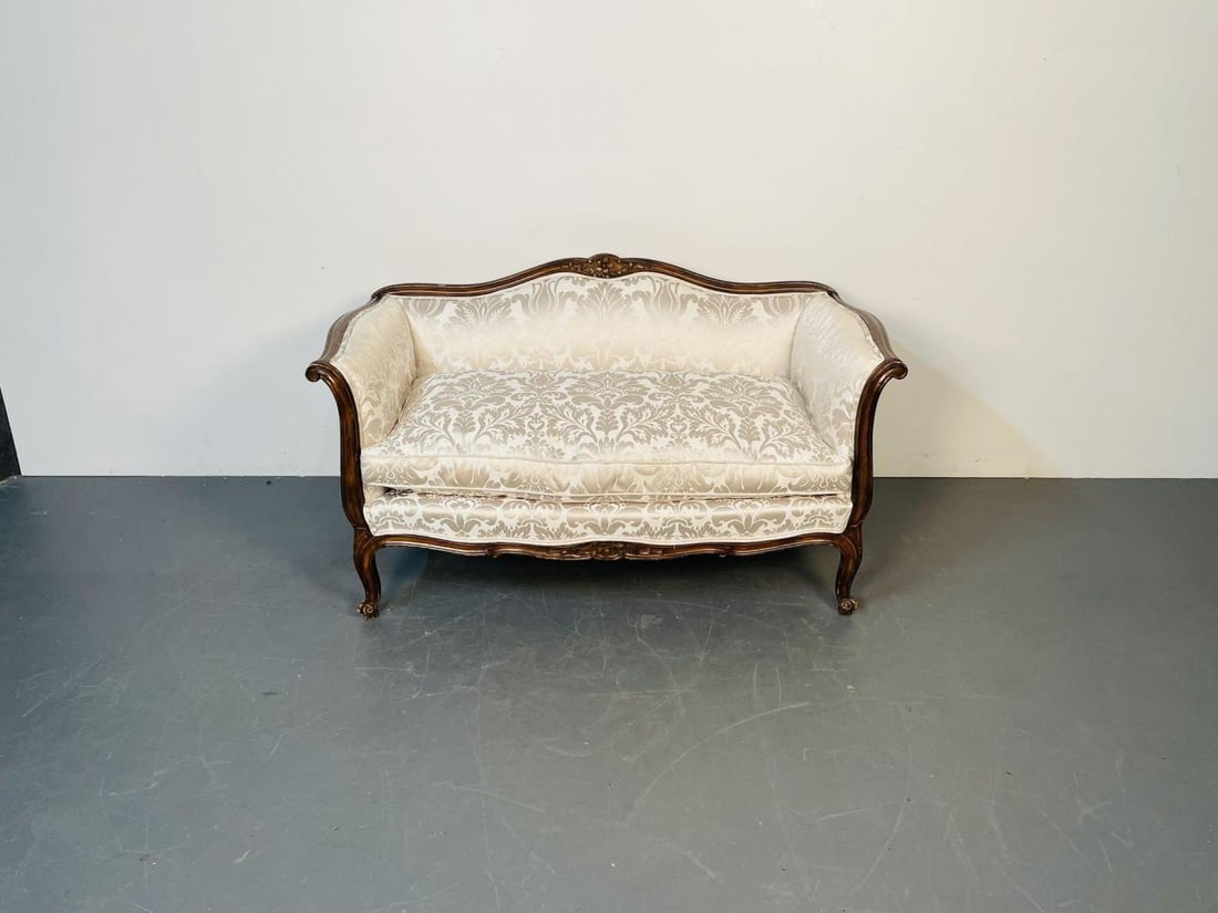 Small Louis XV Mahogany Carved Settee / Sofa, Floral Silk Upholstery - 6