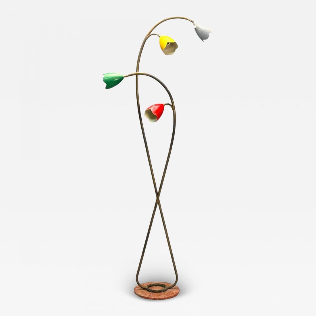 Italian Modern, Painted Enamel, Brass, Marble, Floor Lamp, Italy, 1940s: Italian Mid-Century Modern, Painted Enamel, Brass, Marble, Multicolor Floor Lamp, Italy, 1940s A tri-color painted enamel, brass and marble floor lamp, highly resembling work by Arredoluce, designed a