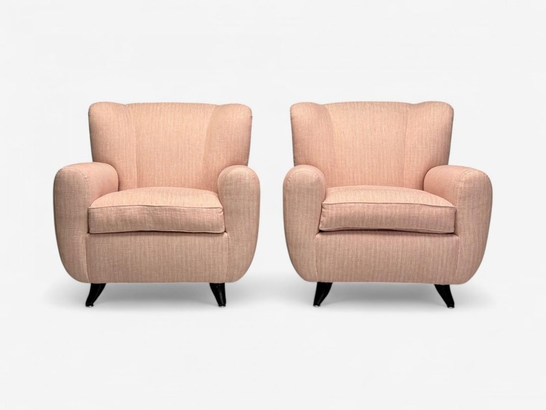Osvaldo Borsani attr, Pink Linen, Wood, Large Lounge Chairs, Italy, 1950s - 3