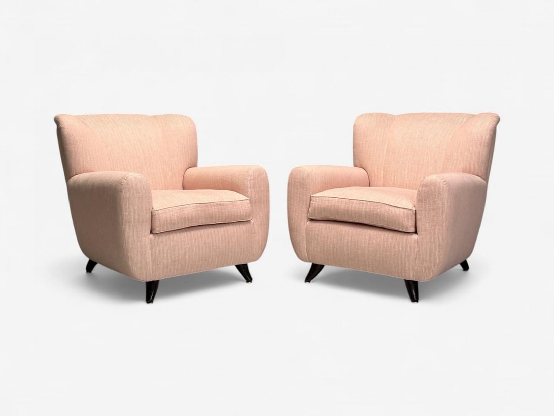 Osvaldo Borsani attr, Pink Linen, Wood, Large Lounge Chairs, Italy, 1950s - 5