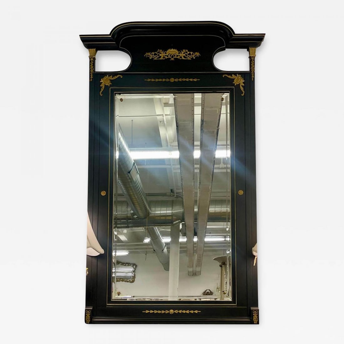 Monumental French Directoire Style Ebonized Mirror Beveled With Brass Accents (1 of 10)