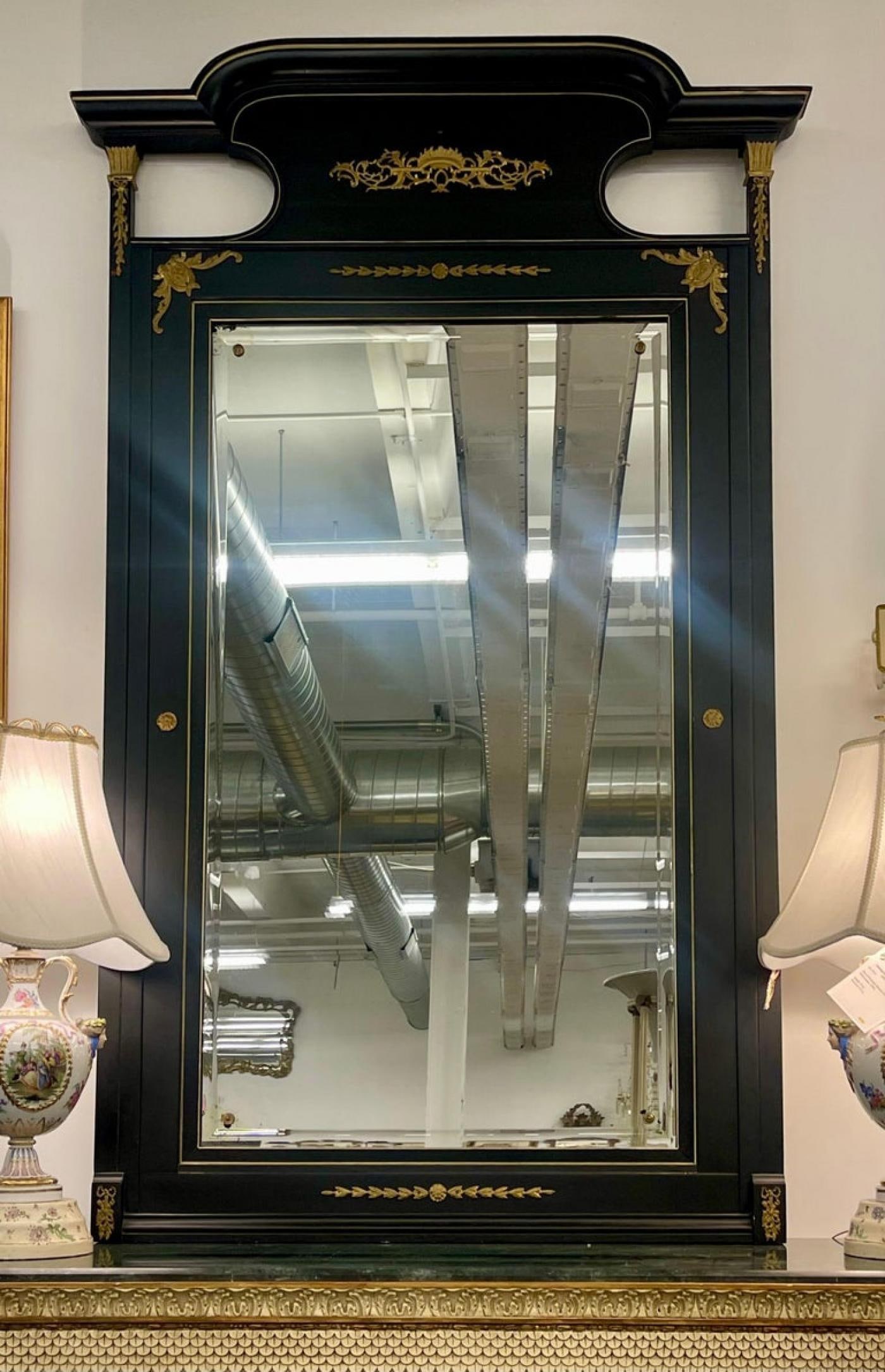 Monumental French Directoire Style Ebonized Mirror Beveled With Brass Accents - 3