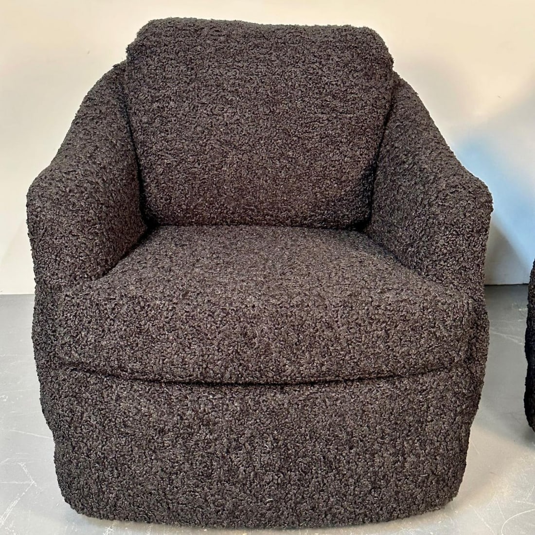 Mid-Century Modern Black Boucle Tub / Swivel / Lounge Chair, Faux Fur - 10