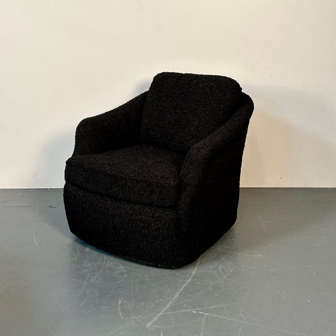 Mid-Century Modern Black Boucle Tub / Swivel / Lounge Chair, Faux Fur - 4