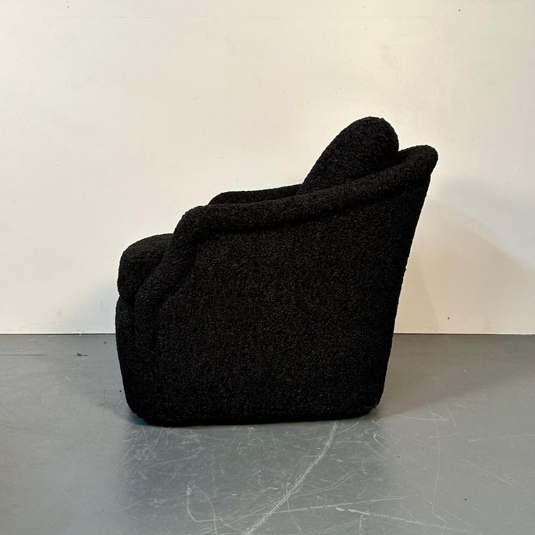 Mid-Century Modern Black Boucle Tub / Swivel / Lounge Chair, Faux Fur - 7