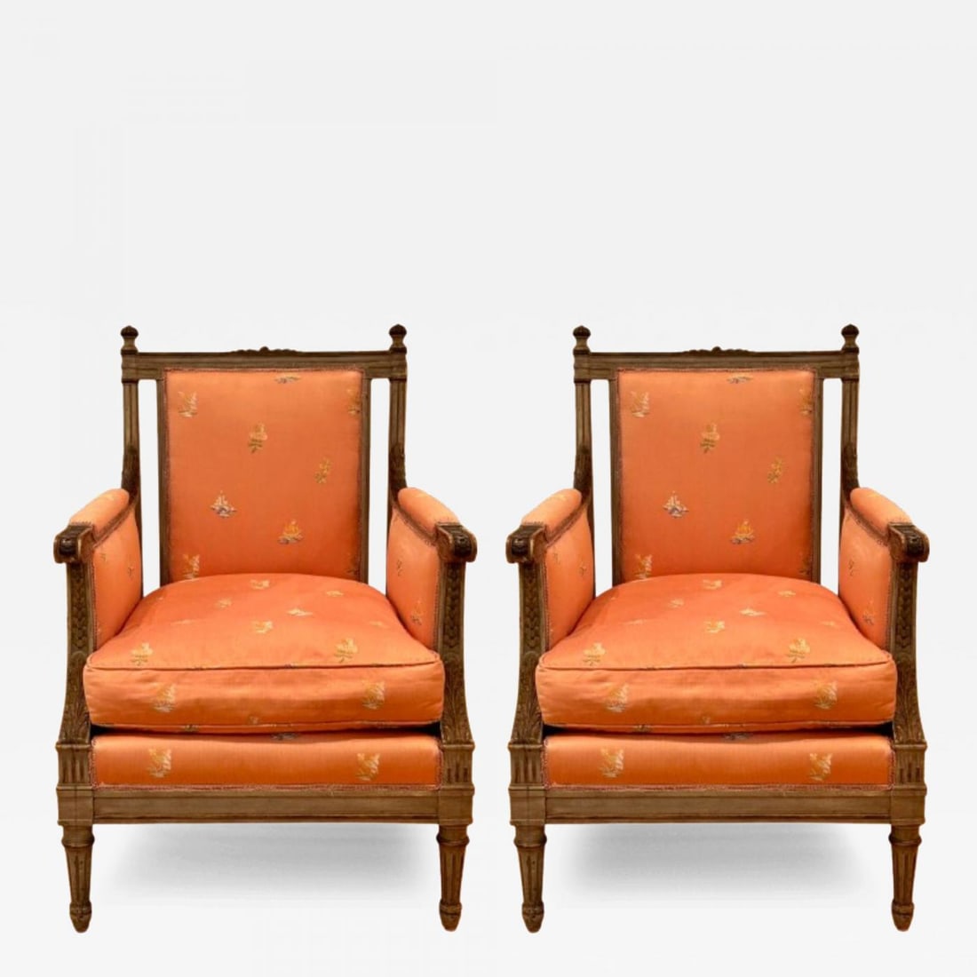 Maison Jansen Style, Gustavian, Louis XVI, Armchairs, Gray Distressed Paint - 2