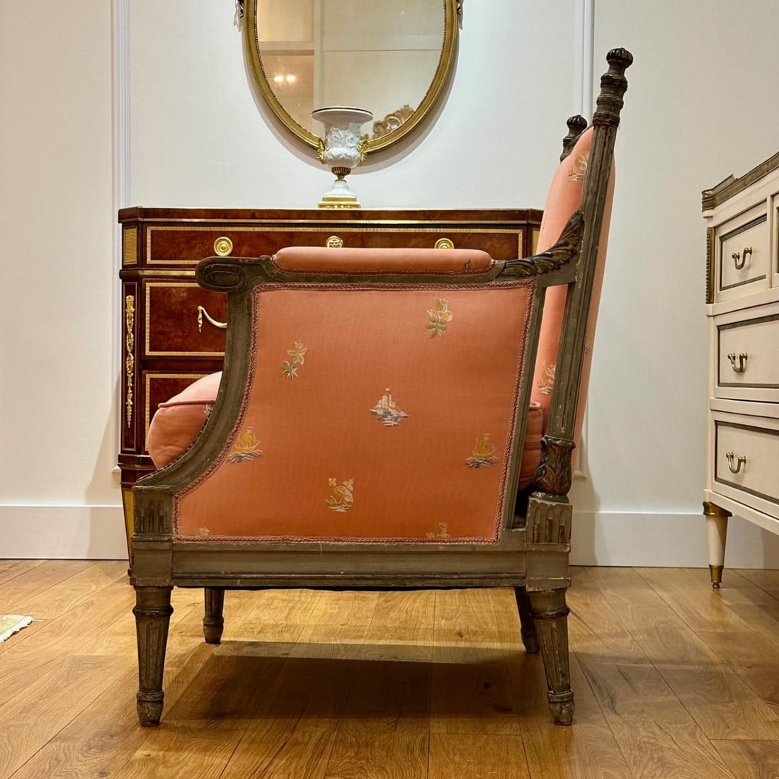 Maison Jansen Style, Gustavian, Louis XVI, Armchairs, Gray Distressed Paint - 5