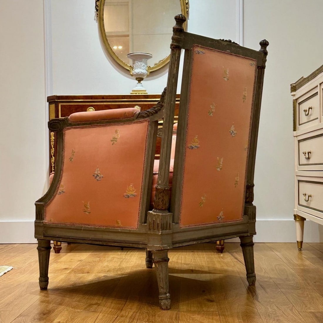 Maison Jansen Style, Gustavian, Louis XVI, Armchairs, Gray Distressed Paint - 6