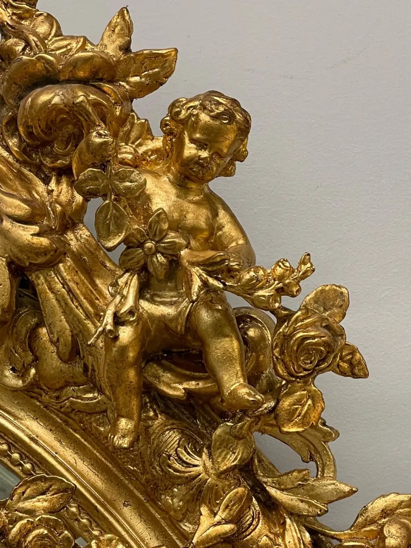 19th Century Palatial Giltwood Wall or Console Mirror Adorning Three Cherubs - 13