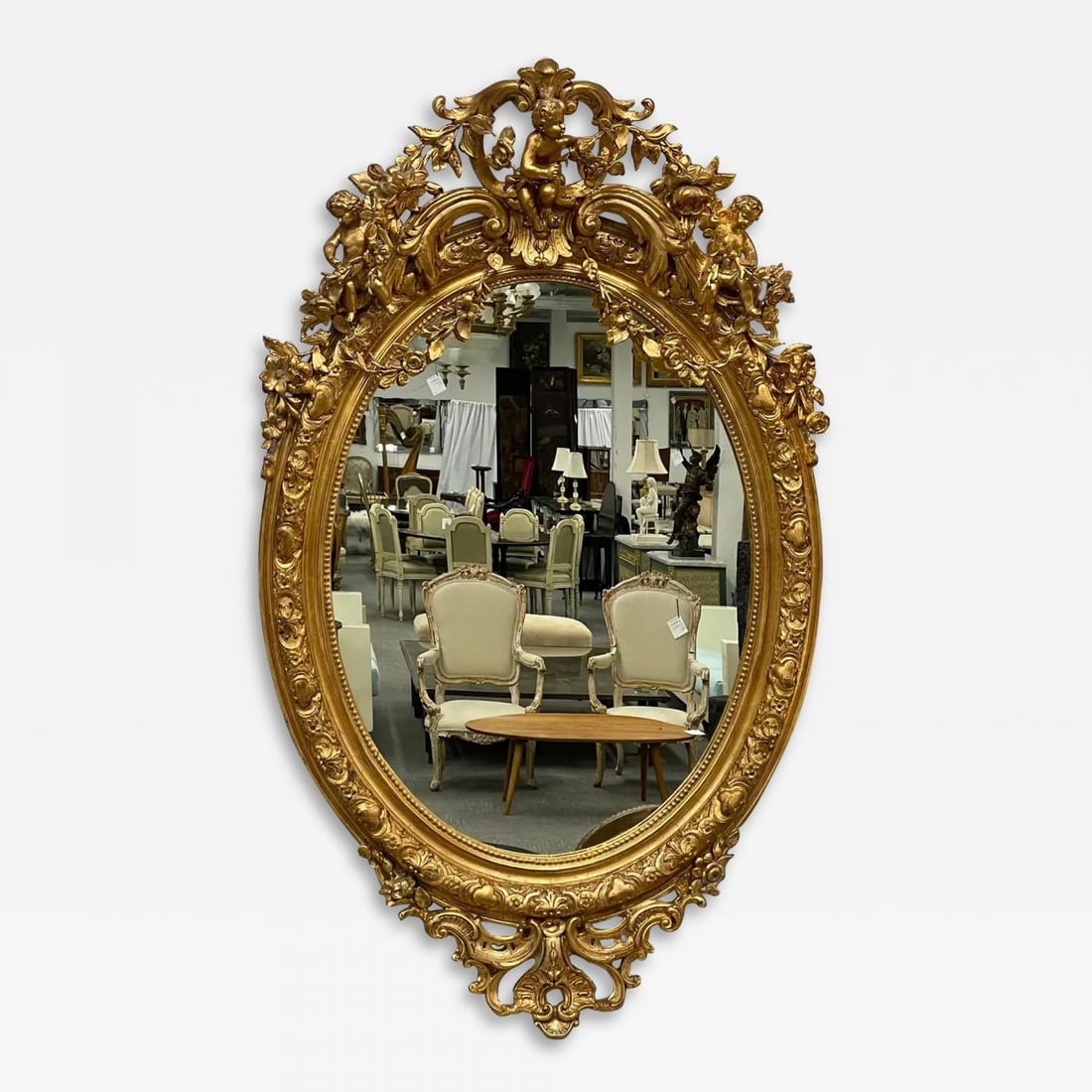 19th Century Palatial Giltwood Wall or Console Mirror Adorning Three Cherubs - 2