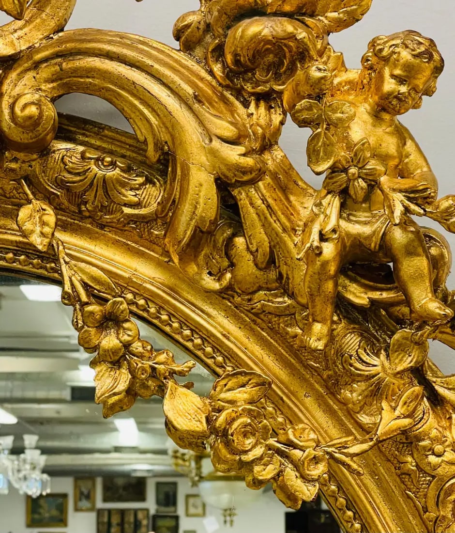 19th Century Palatial Giltwood Wall or Console Mirror Adorning Three Cherubs - 8