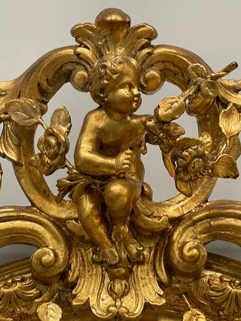19th Century Palatial Giltwood Wall or Console Mirror Adorning Three Cherubs - 9