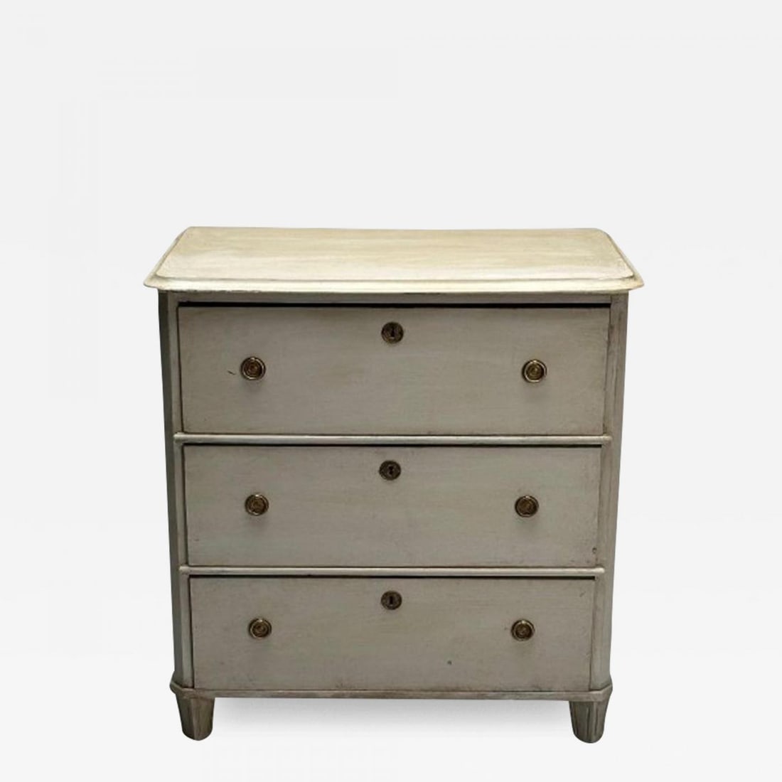 Gustavian, Swedish Commode, Grey Paint Distressed, Brass, Sweden, 1930s: Gustavian, Swedish Commode, Grey Paint Distressed, Brass, Sweden, 1930s Gustavian chest of drawers designed and produced in Sweden circa 1930s. This example features a gray paint distressed finish wit