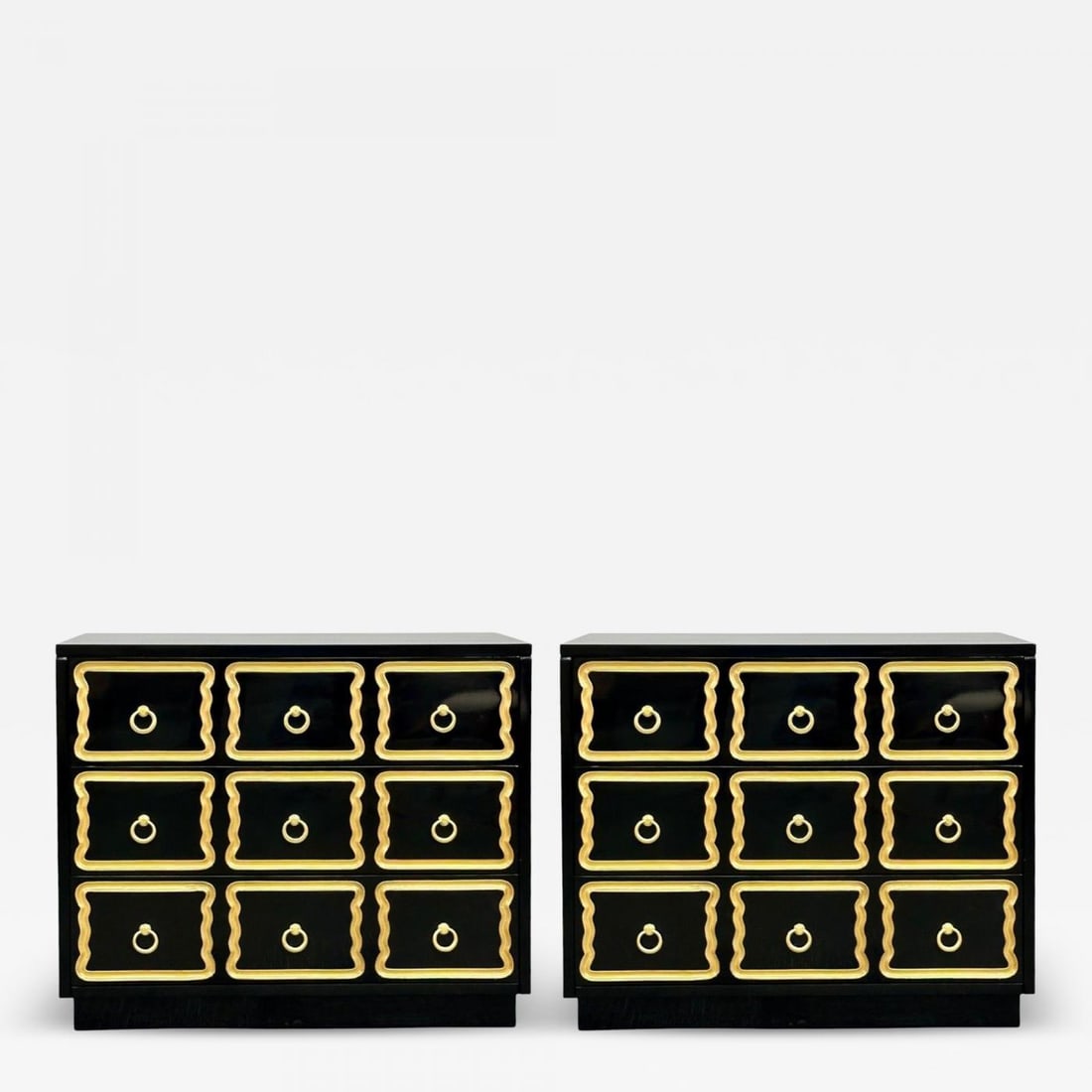 Dorothy Draper Style, Hollywood Regency, Black Lacquer, Gilt, Brass, Commodes - 2
