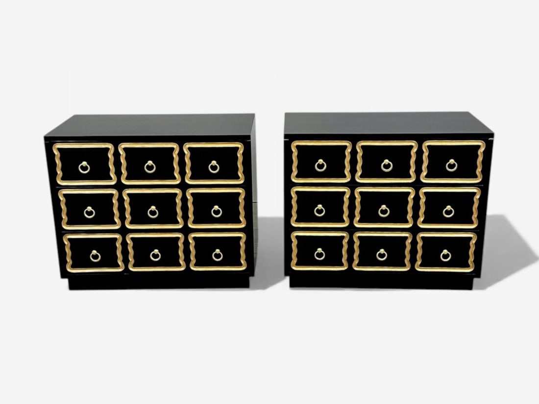 Dorothy Draper Style, Hollywood Regency, Black Lacquer, Gilt, Brass, Commodes - 4