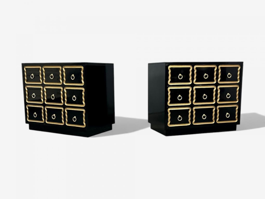 Dorothy Draper Style, Hollywood Regency, Black Lacquer, Gilt, Brass, Commodes - 6