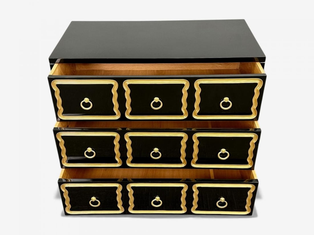Dorothy Draper Style, Hollywood Regency, Black Lacquer, Gilt, Brass, Commodes - 8