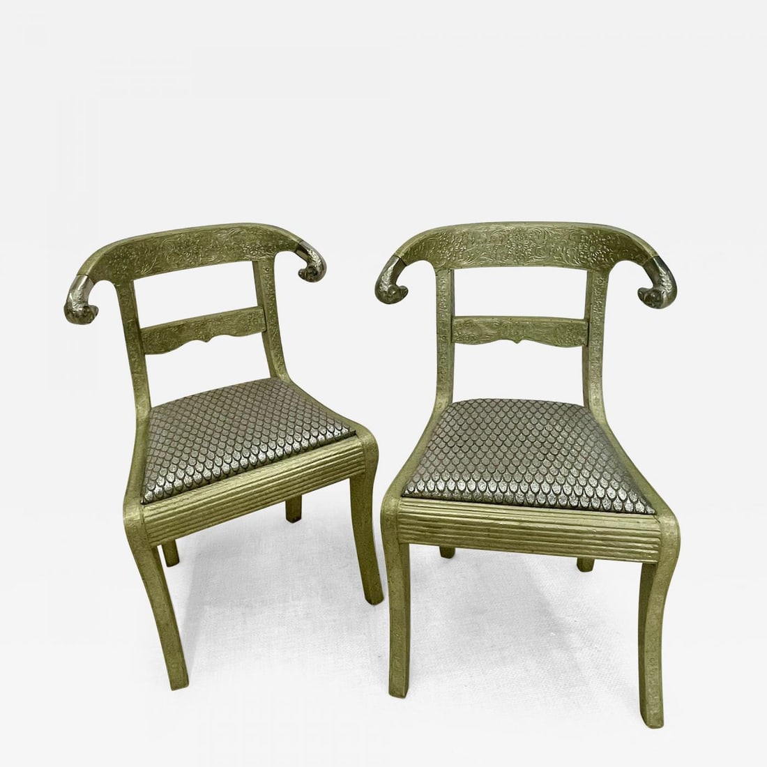 Pair of Neoclassical Side Chairs, Wrapped Metal, Rams Heads, Europe Gustavian - 2
