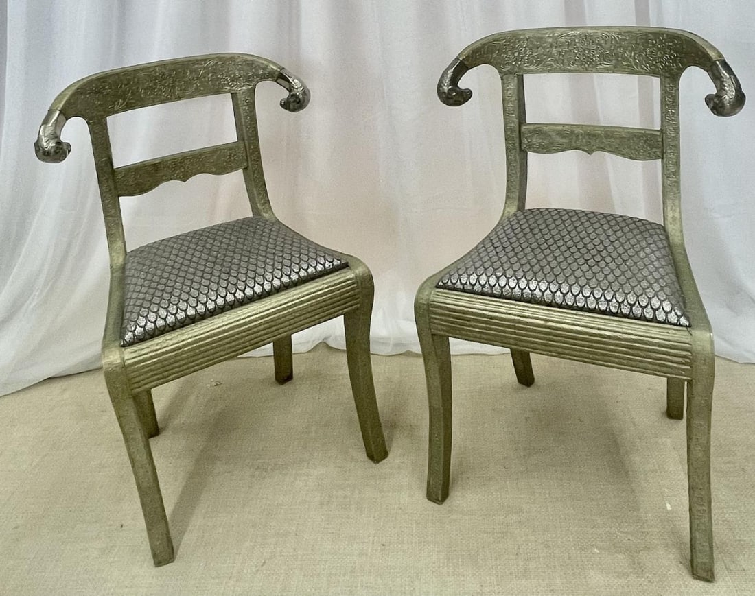 Pair of Neoclassical Side Chairs, Wrapped Metal, Rams Heads, Europe Gustavian - 3