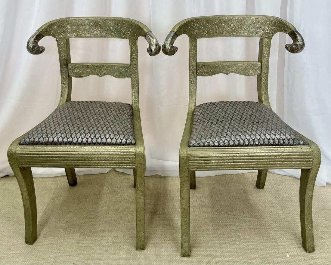 Pair of Neoclassical Side Chairs, Wrapped Metal, Rams Heads, Europe Gustavian - 4