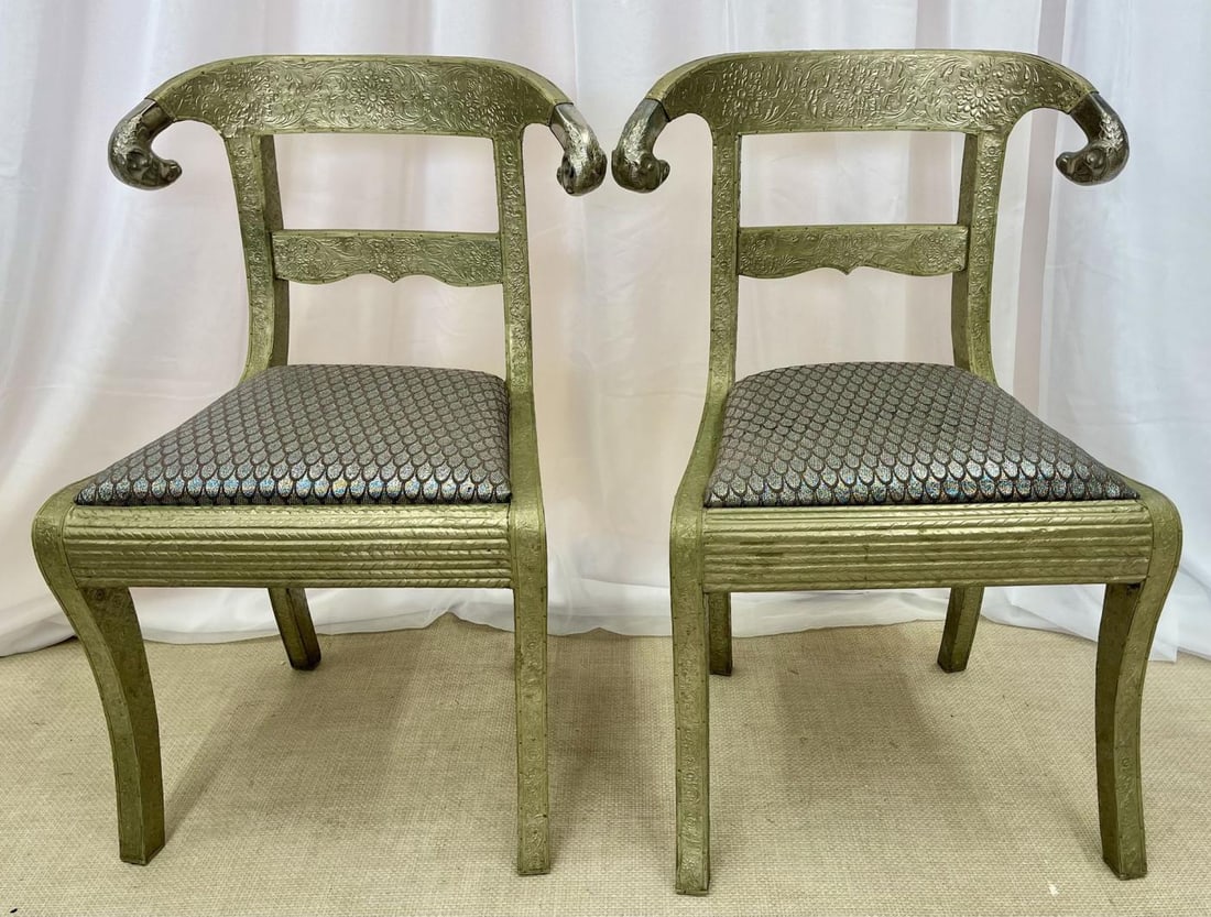 Pair of Neoclassical Side Chairs, Wrapped Metal, Rams Heads, Europe Gustavian - 5