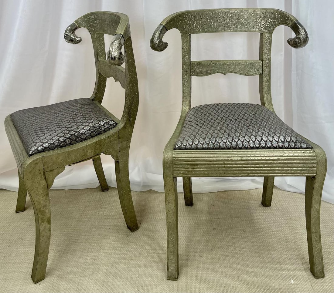 Pair of Neoclassical Side Chairs, Wrapped Metal, Rams Heads, Europe Gustavian - 6