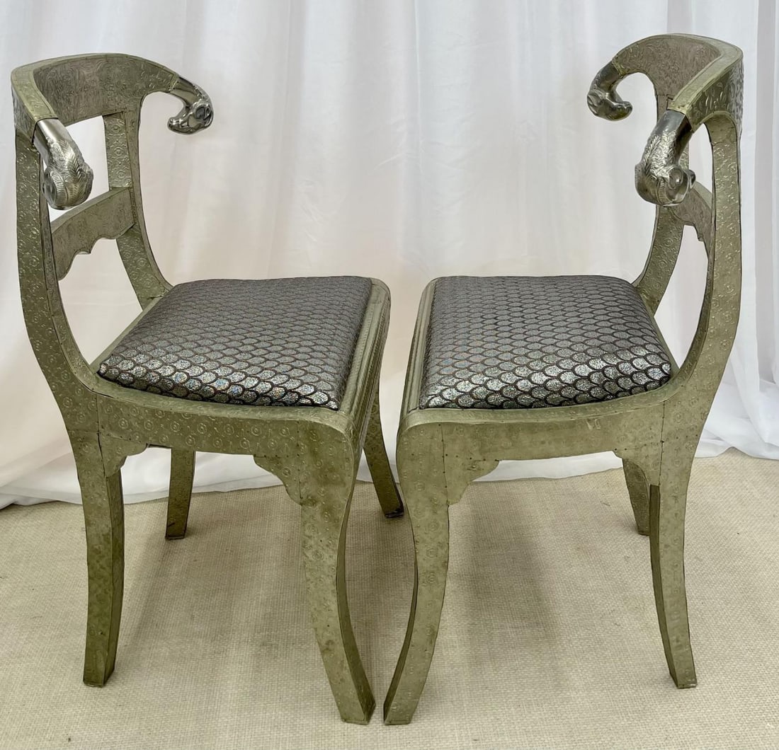 Pair of Neoclassical Side Chairs, Wrapped Metal, Rams Heads, Europe Gustavian - 7