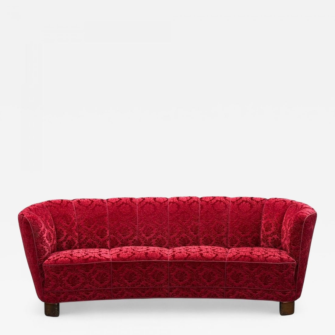 Danish Cabinetmaker, Oak, Fabric, Curved Banana Sofa, Denmark, 1960s: Danish Cabinetmaker, Scandinavian Mid-Century Modern, Oak, Fabric, Curved Banana Sofa, Denmark, 1960s Organic form mid-century modern banana sofa designed and produced in Denmark circa 1960s. This exa