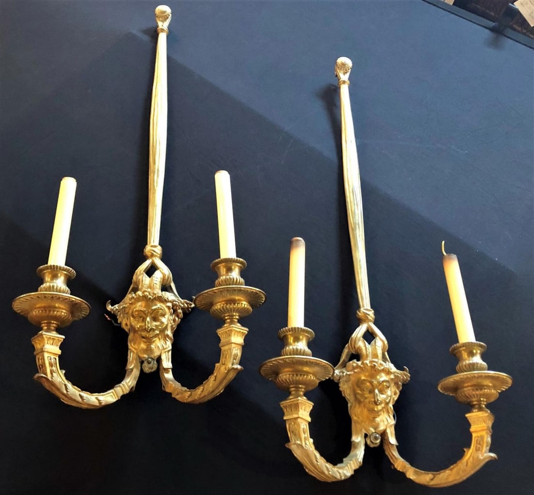 Pair of Dore Bronze Sconces having Horned Bacchus Masks in Louis XVI Style - 3
