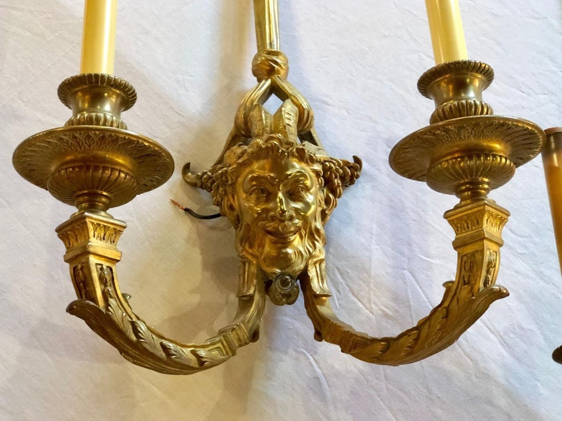 Pair of Dore Bronze Sconces having Horned Bacchus Masks in Louis XVI Style - 6