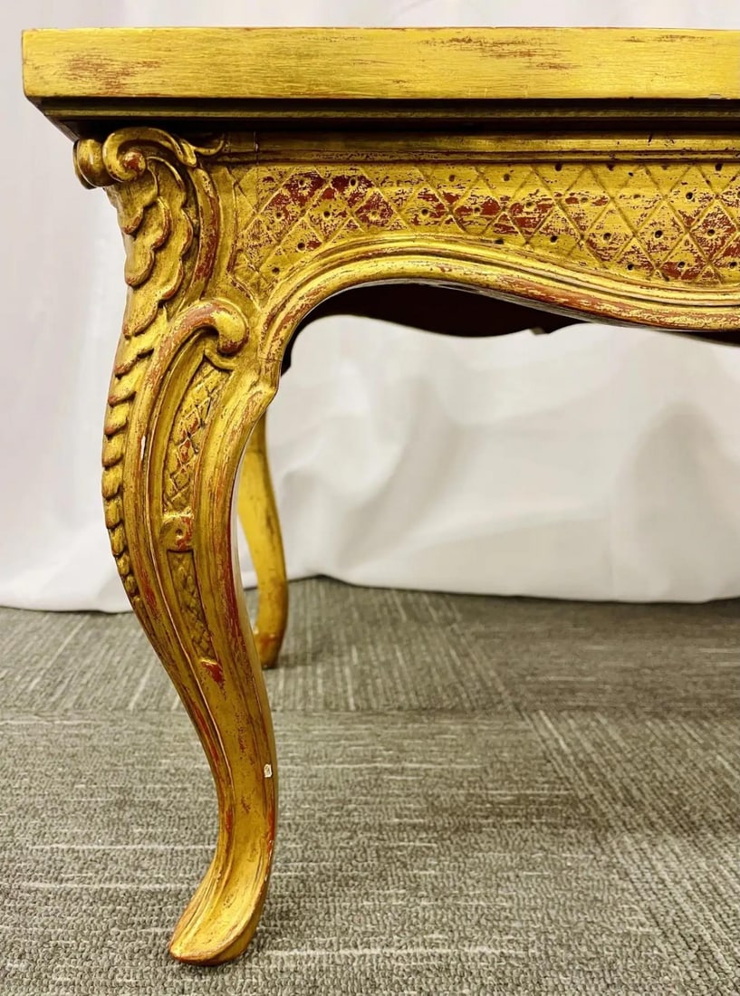 Petite Hollywood Regency Style Coffee Table, Giltwood Base, Antiqued Mirror Top - 7