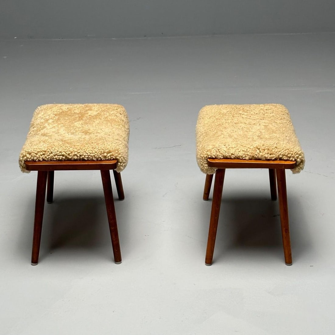 Swedish Mid-Century Modern, Stools, Honey Sheepskin, Walnut, Sweden, 1970s - 10