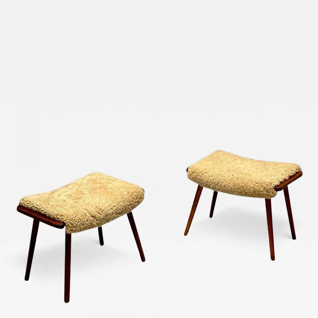 Swedish Mid-Century Modern, Stools, Honey Sheepskin, Walnut, Sweden, 1970s - 2