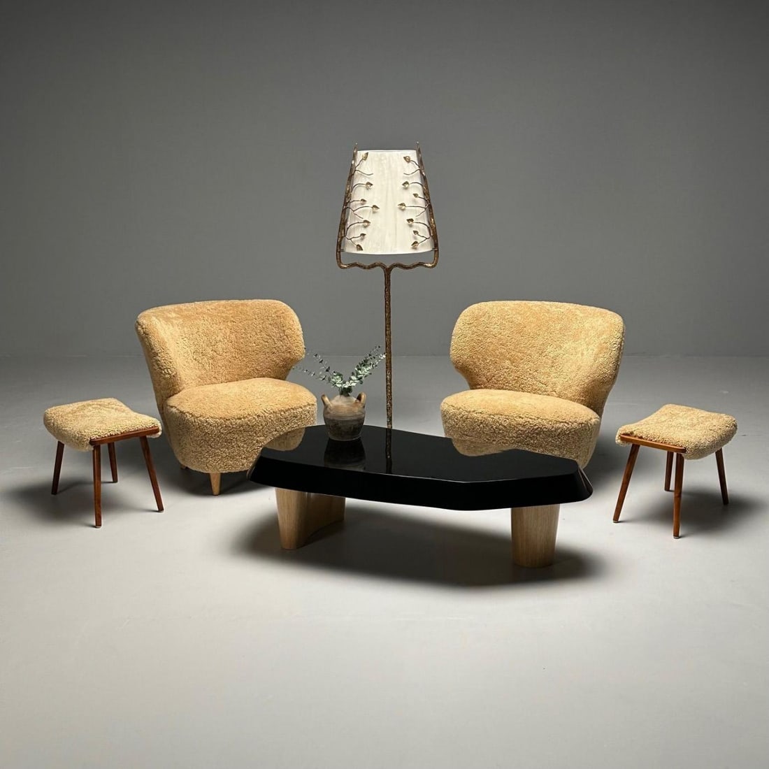 Swedish Mid-Century Modern, Stools, Honey Sheepskin, Walnut, Sweden, 1970s - 4