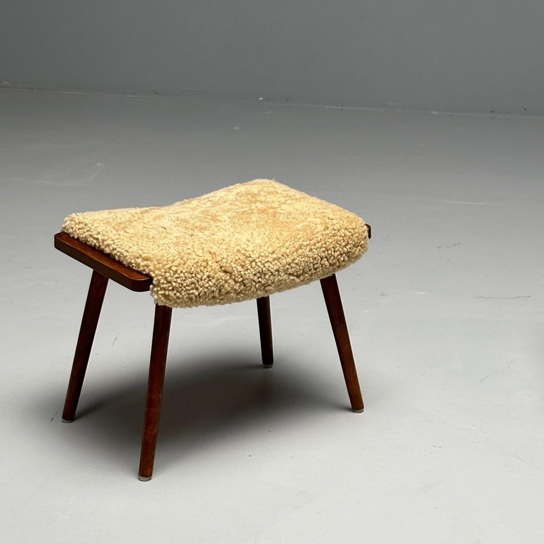 Swedish Mid-Century Modern, Stools, Honey Sheepskin, Walnut, Sweden, 1970s - 7