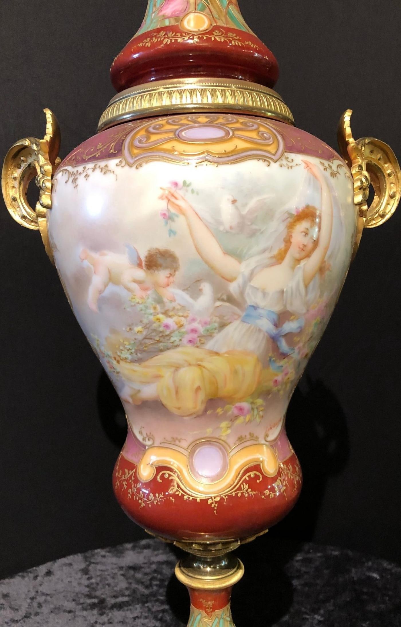 Sevres Spinning Urn Vase Having a Maiden & Cherub Painting Signed Lingaand - 5