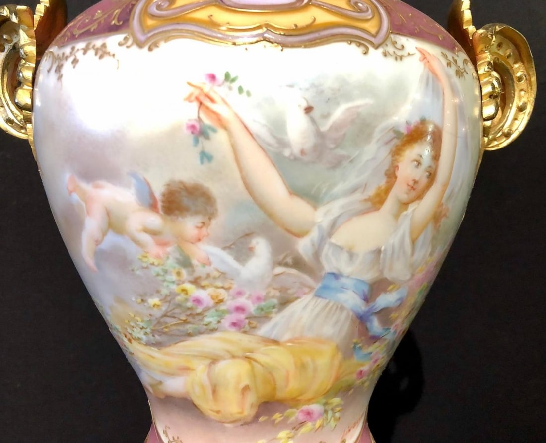 Sevres Spinning Urn Vase Having a Maiden & Cherub Painting Signed Lingaand - 6