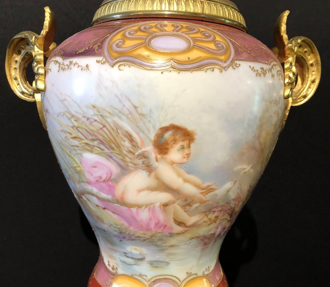 Sevres Spinning Urn Vase Having a Maiden & Cherub Painting Signed Lingaand - 9