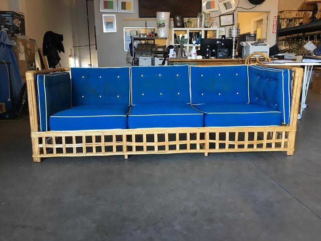 Restored Milo Baughman Style Stick Reed Rattan Cubists Sofa - 11