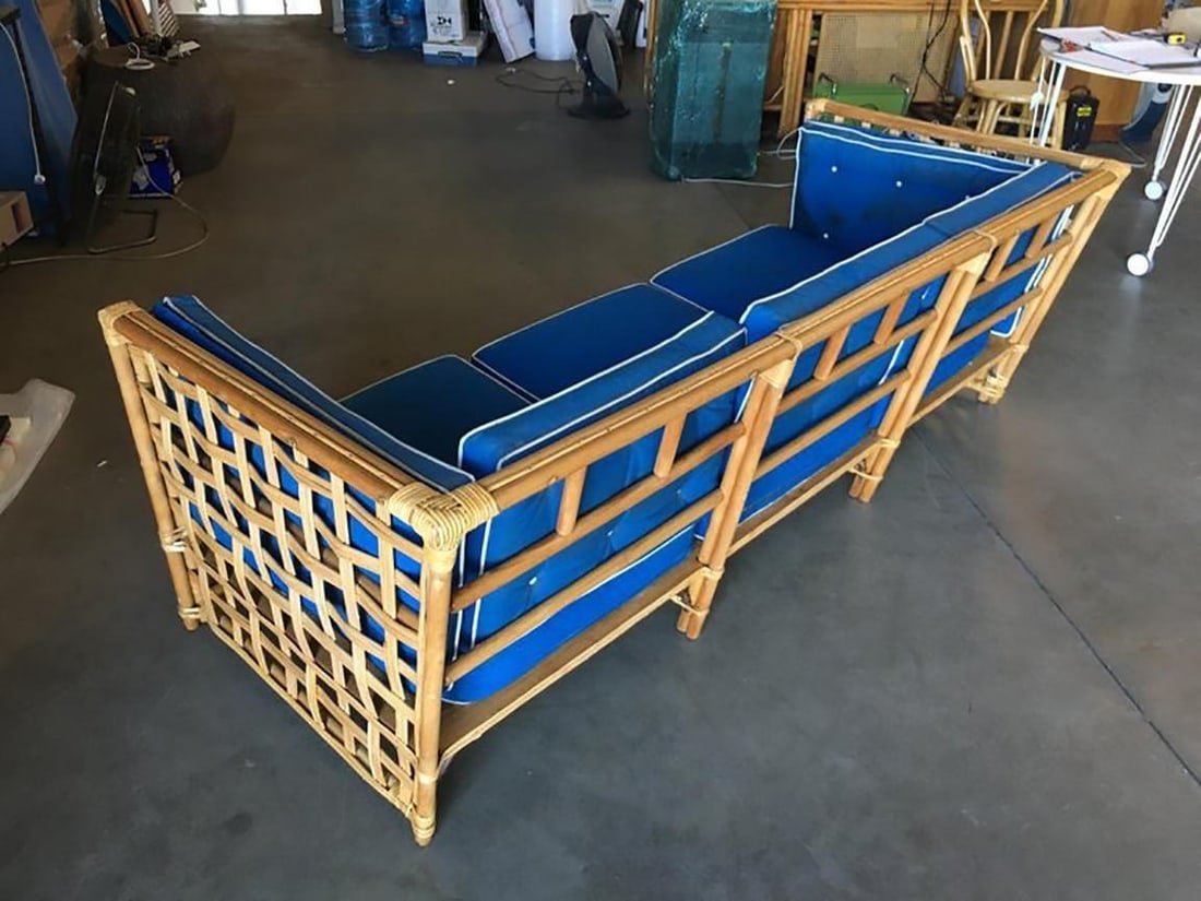 Restored Milo Baughman Style Stick Reed Rattan Cubists Sofa - 14