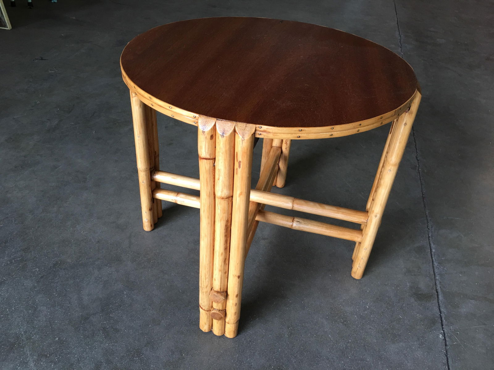 Restored Rattan Vertically Stacked Circular Drink Side Table with Mahogany Top - 5