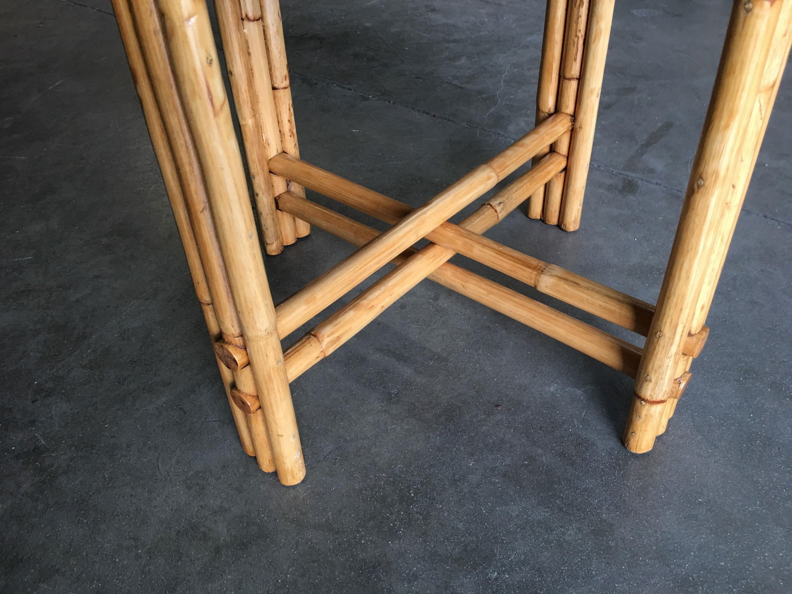 Restored Rattan Vertically Stacked Circular Drink Side Table with Mahogany Top - 6