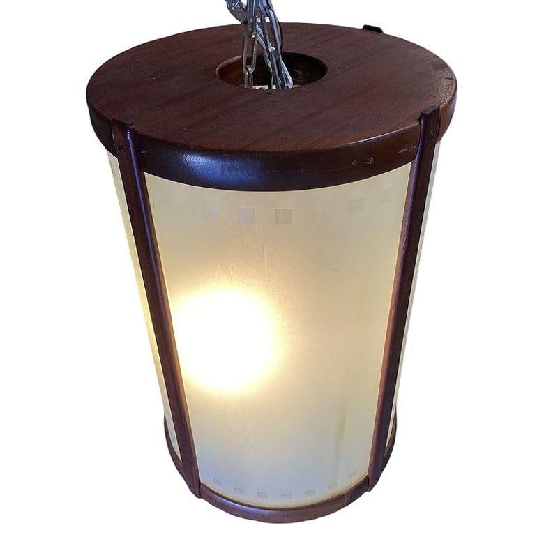 Mid-century Nakashima Style Teak Cylinder Pendant w/ Frosted Shade, 3 Available - 15